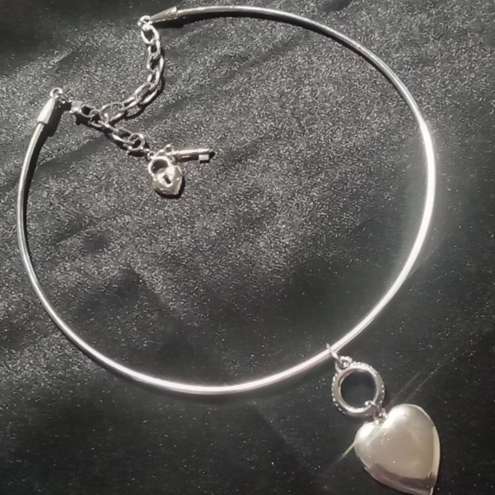 Solid collar necklace with heart pendant heart and locket clasp charm